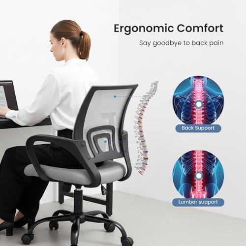 Image of DUMOS Home Office Chair - Ergonomic Mid Back Mesh Desk Chair with Lumbar Support & Rocking Mode, Height Adjustable with Fixed Armrest, for Computer, Gaming, Meeting, 360 Swivel, Grey