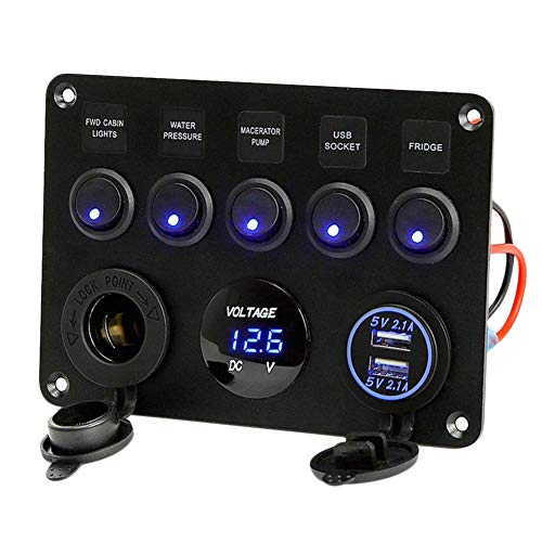 Febelle 5 Gang Interrupteur Panneau de Commande Commutateur LED 12V/24V Allume-Cigarette Affichage Numérique avec USB Charger Circuit pour Auto Yacht Véhicule Bleu