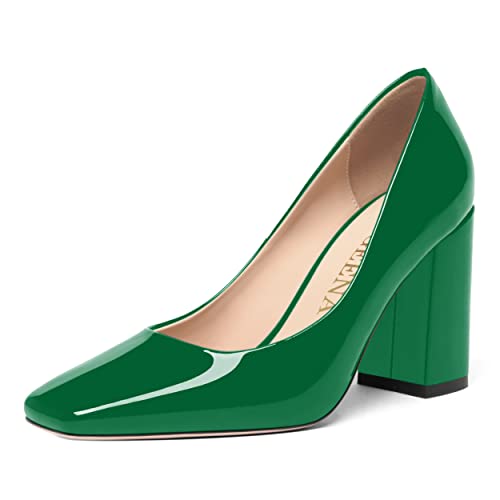 FOGEENA Womens Square Toe Slip On Sexy Patent Leather Party Block High Heel Pumps Shoes 3.34 Inch