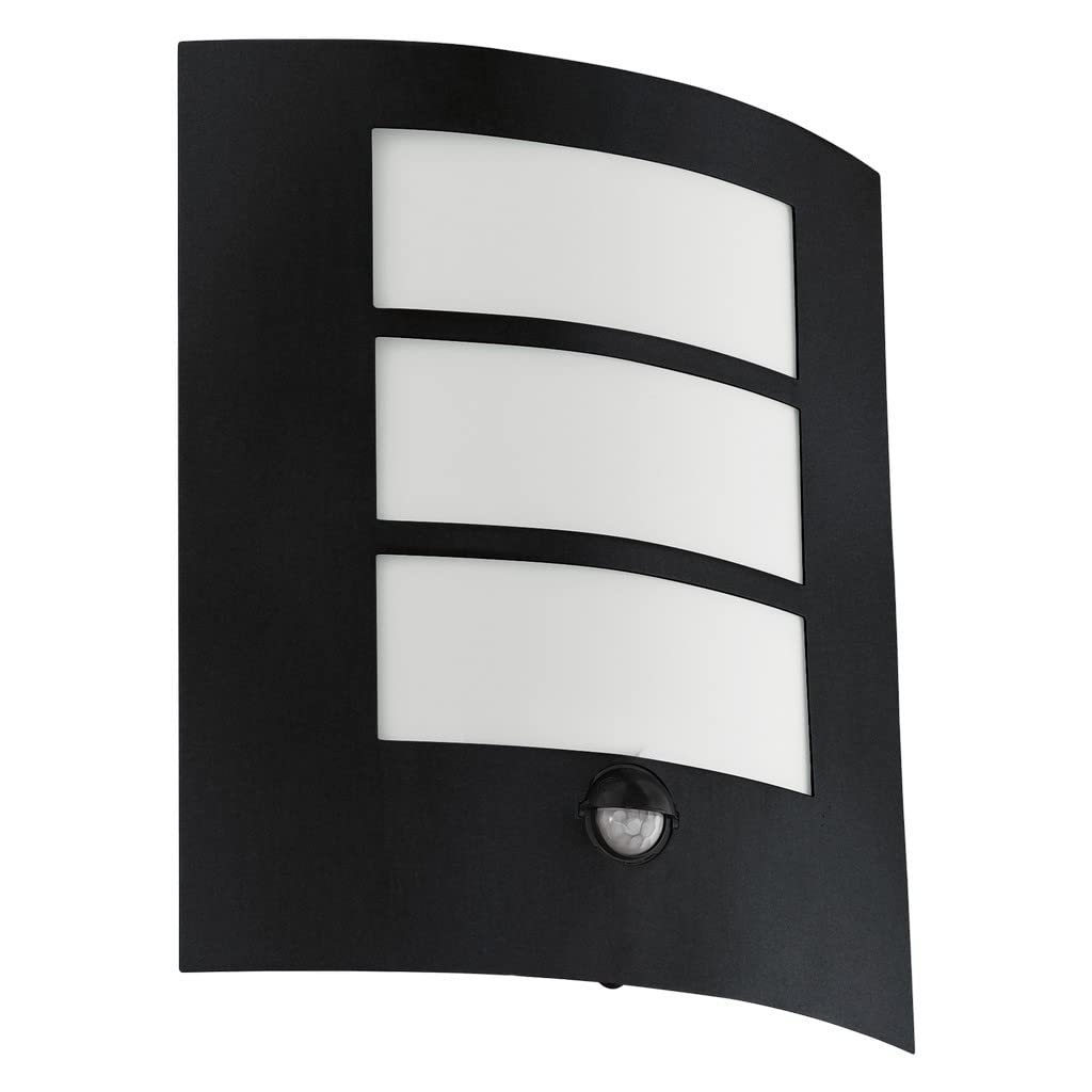 EGLO Outdoor Wall Light City with Motion and Twilight Sensor, Porch Lighting, Waterproof Outside Lamp Made of Black Galvanized Steel and White Plastic, E27 Socket, IP44