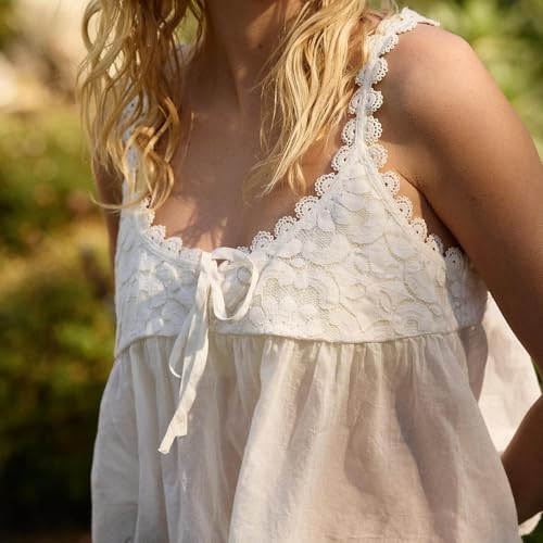 Women Lace Trim Babydoll Tank Top Tie Front Sexy Semi Sheer Y2k Summer Teen Girls Going Out Tops4