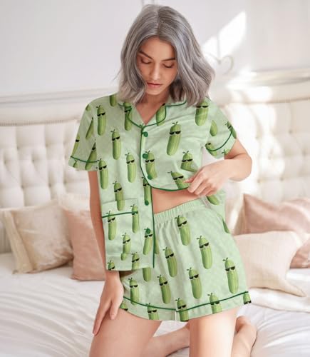 Image of Women 2PCs Satin Pajama Set Short Sleeve Silk Feel Gift Sleepwear | Soft stretch satin; relaxed comfort fit sizes S-3XL for sleep & lounge; short sleeve top, elastic waist shorts; easy care