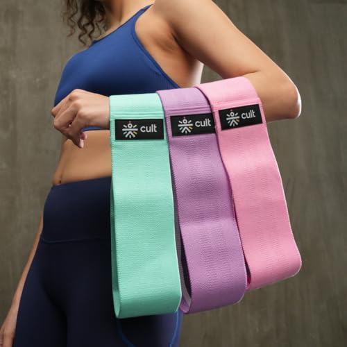 Image of Cult Hip Resistance Bands for Workout - Pack of 3 (Pink, Purple & Green) | Non-Slip Fabric Exercise Bands for Women & Men | Heavy Duty Glute, Thigh & Leg Bands | Up to 50 LBS Resistance