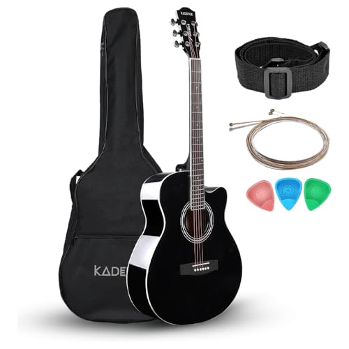 Image of Kadence FNTR-BLK Frontier 40 inch Acoustic Guitar | Grand Auditorium Cutaway | Comes with Bag, Set Of Strings, Strap, Picks | Includes Learning Course | Glossy Black
