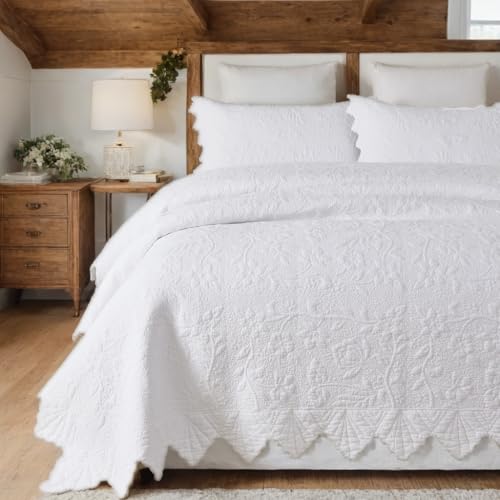 Brandream White Quilts Set Queen Size Bedspreads Cottagecore Farmhouse Bedding 100% Cotton Quilted Bedspreads 3-Piece