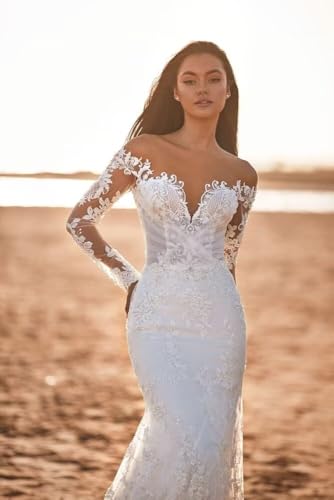 Deep V Neck Wedding Dresses for Women Long Mermaid Long Sleeve Lace Wedding Gownswith Train Appliques DR0001-053