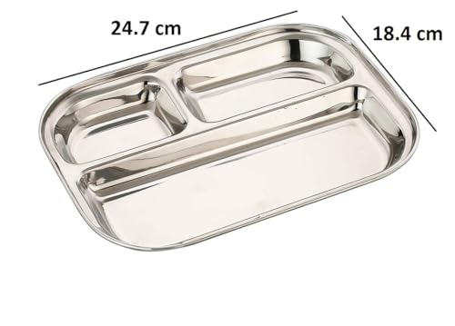 Image of EXPRESSO - Heavy Duty Stainless Steel Rectangle Dinner Plate w /3 Sections Divided Mess Plate /Thali /Bhojan Thali /Mess Tray /Dinner Plate | Plates for Lunch /Dinner Bhojan Plates Set of 5 Pcs