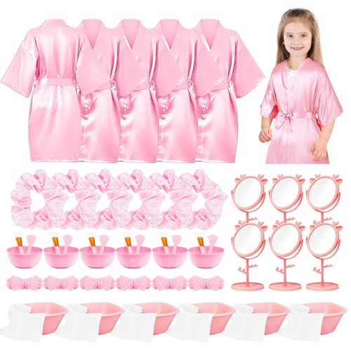 Confezione da 6 set per feste spa per ragazze per accappatoi in raso rosa con kit di accessori, set spa spa feste di compleanno bomboniere per ragazze pigiama party, rosa, 74
