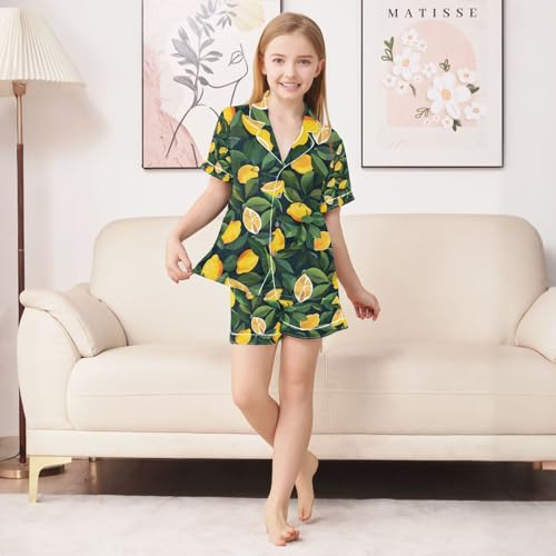 senya Background with Many Lemons Satin Summer Pajama Sets Silk Short Sleeve Button Down Sleepwear4