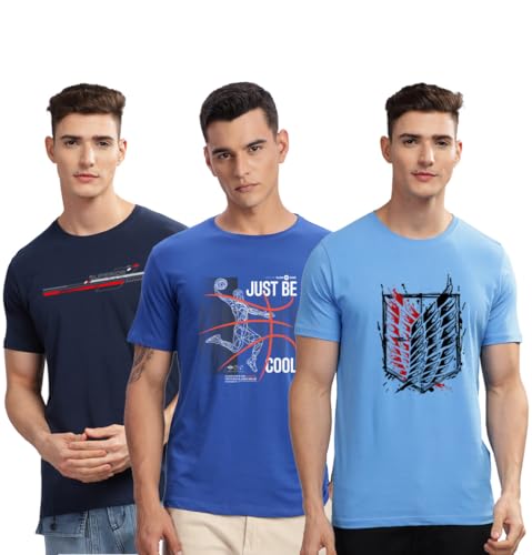Image of ADRO 100% Cotton Lycra Tshirts for Men Combo Pack of 3 | Regular Fit | Printed T Shirt | Round Neck Half Sleeve| Mens Tshirts