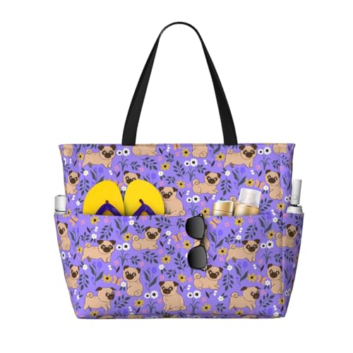 Pugs And Flowers Print Beach Pool Bags Tote For Women Ladies Large Gym Tote Carry On Bag For Weekender Travel Waterproof