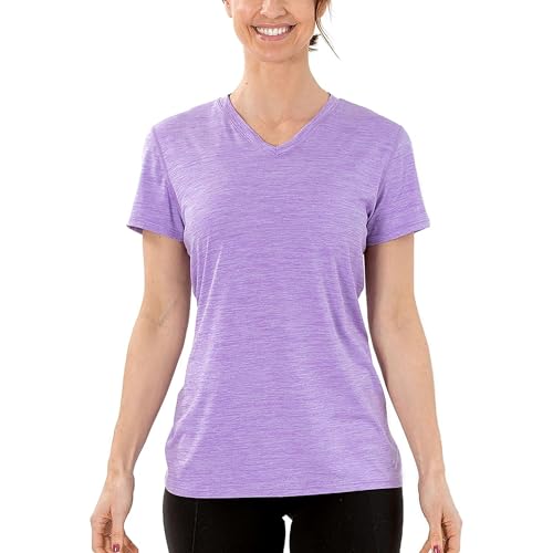 Arctic Cool Womens V-Neck Instant Cooling Moisture Wicking Performance UPF 50+ Short Sleeve Shirt | Lightweight Breathable Top for Running Workout Exercise Yoga Fishing Lavender Twist XL