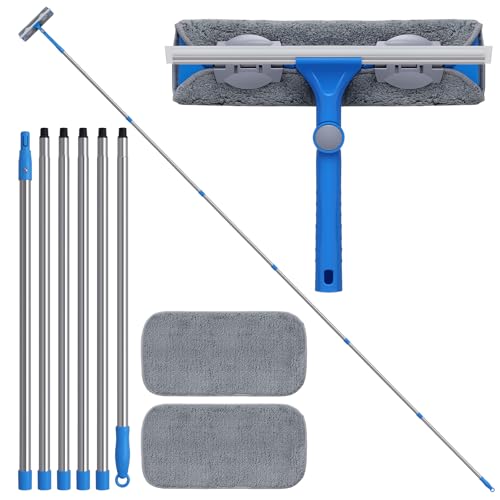 Mitclear 2 en 1 Limpiacristales con Mango Largo(475cm), Limpiador de Ventanas con Escobilla de Silicona y Paño de Microfibra, Kit de Limpieza de Ventanas para Coche, Ventanas Altas, Interior/Exterior