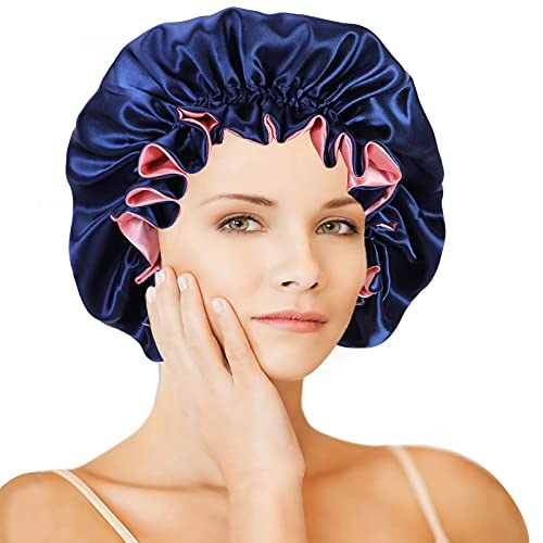 SweetEasy Satin Bonnet for Women Protect Hair Silk Bonnet for Natural Hair Curly Hair Cap Silk Hair Wrap for Sleeping Available on Both Sides Suitable Hair Large Volume Cap Navy