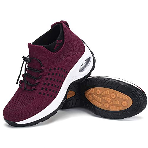 Women's Walking Shoes Sock Shoes Mesh Slip on Air Cushion Lady Girls Walking Sneakers Breathable Work Shoes Easy Nurse Shoes Platform Loafers Wine Red 8
