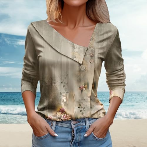 Blusas femininas de outono 2024 com estampa floral moderna casual manga longa gola V assimétrica cam