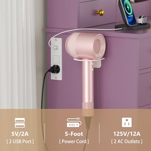 Image of HUANLEGO Purple Vanity Desk with Mirror and Lights for Girls Women | Makeup Vanity Mirror with Lights, LED RGB Lights Strip, Power Outlet, 7 Drawers, 2 Storage Cabinets, 3 Color Modes Adjustable