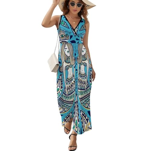Robe maxi col V décontractée style sirène bleue pour la plage