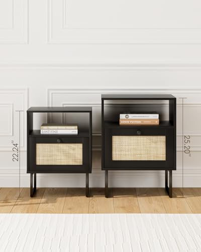 Image of Rattan Nightstand, Mid Century Modern Night Stand,Boho Farmhouse Wood Bedside Table with Storage and Open Shelf, End Side Accent Table for Bedroom,Living Room,Black