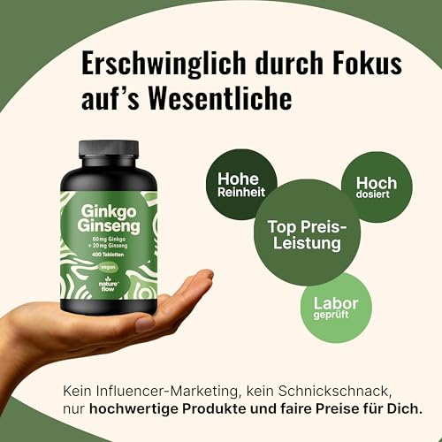 Ginkgo + Ginseng Tabletten Hochdosiert - 400 Tabletten - 60 mg Ginkgo Biloba + 20 mg Ginseng - Leicht schluckbare Alternative zu Kapseln - Vegan & Produziert in Deutschland - Laborgeprüft