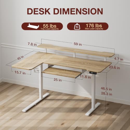 Image of Acrolix 59 inch L Shaped Standing Desk with Shelves Keyboard Tray,Oak