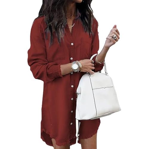 Zilcremo Women Denim Shirt Dresses Long Sleeve Distressed Jean Dress Button Down Casual Tunic Top Small Red