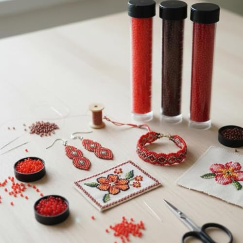 Image of Beadsnfashion Preciosa Seed Beads Tube Combo, 4 Red Finish Color Size 11 /0 (2 MM) for Beading, Jewellery Making, Embroidery, Bracelets, Necklace and Craft Projects
