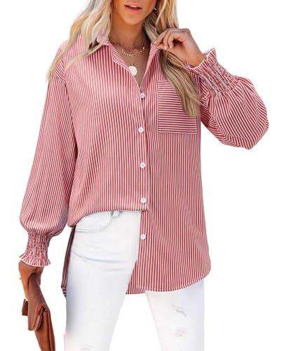 siliteelon Capsule Wardrobe Red and White Striped Button Down Shirts for Women Long Sleeve Blouses Collared Smocked Cuff Boyfriend Plus Size Business Casual Tops with Pocket