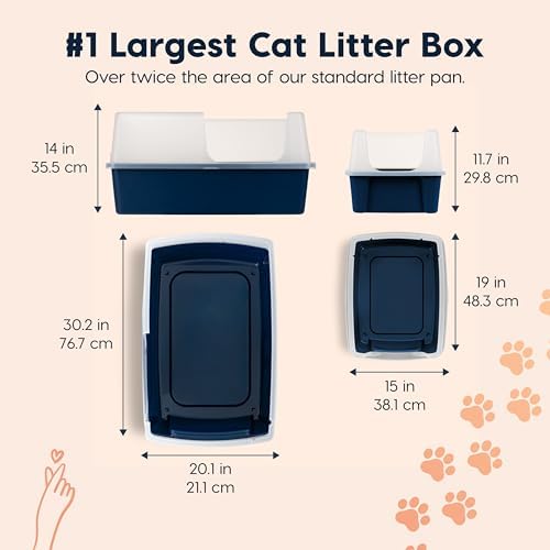 IRIS USA 76.2 x 50.8 x 35.6 cm XX-Large Side Entry Cat Litter Box, Open Top Extra Large Litter Box for Big Cats and Multi-Cat Households, High Sided Scatter Shield, Easy to Clean, Navy - 1