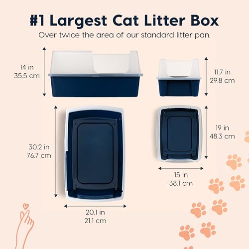 IRIS USA 76.2 x 50.8 x 35.6 cm XX-Large Side Entry Cat Litter Box, Open Top Extra Large Litter Box for Big Cats and Multi-Cat Households, High Sided Scatter Shield, Easy to Clean, Navy