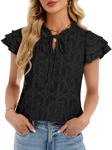 Funlingo Womens Blouses Dressy Casual Summer Cap Short Sleeve Hollow Out Eyelet Tops Ruffle Collar Lace Crochet Embroidered Shirts Black 2XL