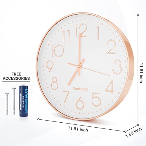 Geekclick 12" Wall Clock [Battery Included], Silent & Large Wall Clocks For Living Room/Office/Home/Kitchen Decor, Modern Style & Easy To Read - Rose Gold & White #TOP1