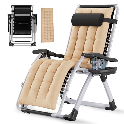 Soontrans Tumbonas Jardin Exterior con Cojín, Tumbona Plegable con Portavasos y Reposacabezas ExtraíBle,Respaldo Ajustable, Silla Reclinable para Playa y Jardín y Camping, Carga de 120 KG (Beige)