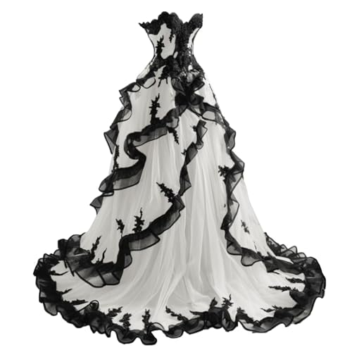 Mouccy Gothic Black Lace Wedding Dresses for Bride Strapless Tulle Bridal Gowns with Train A-line Wedding Gown with Ruffles