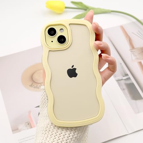 iPhone 15 ケース ウェーブ波型デザイン おしゃれ 韓国 可愛い 透明 薄型 耐衝撃 女性用 人気 ワイヤレス充電対応 ストラップホール付き アイフォン15 (イエロー)
