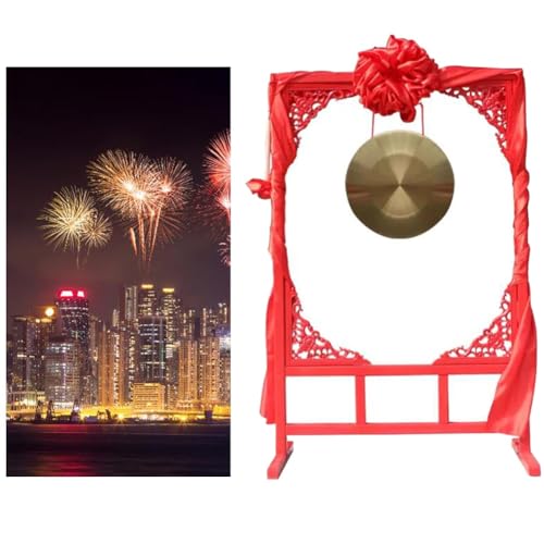 GRRICEPL Chinese Traditional Percussion Instrument Copper Gong, with Floor-Standing Wooden Gong Stand,Beater and Red Hanging Ribbon (Color : Gold, Size : 36cm)