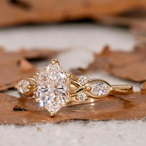 Gold Plated Engagement Rings 3-Stone Marquise & Long Emerald Cut Cubic Zirconia CZ Wedding Promise Rings for Her Wedding Bands for Women Size 6-10(8)3