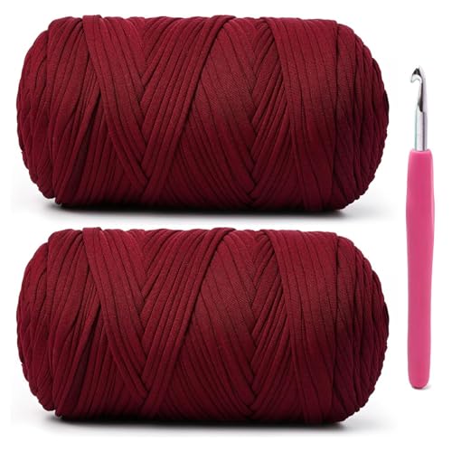 Image of 2 Pack Soft Tshirt Crochet Yarn, 800g /228yds High Elastic Hand Knitting Yarns, Thick T Shirt Yarn for Crocheting Bags, Baskets, Cushions, DIY Crafts (Burgundy + Burgundy)