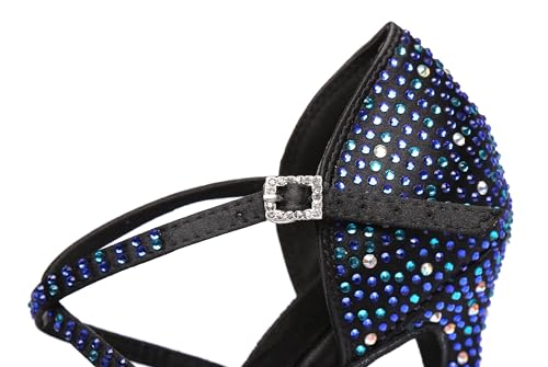 Blue Dance Shoes for Women,Glitter Satin Kitten Heel Salsa Latin Swing Ballroom Shoes with Rhinestones,for Evening/Wedding/Party3