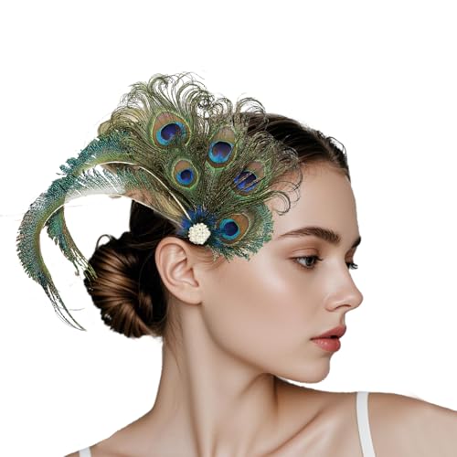 Poememgi Peacock Feather Hair Clip 1920s Cocktail Tea Party Photography Headpiece for Women Gatsby Hair Accessories