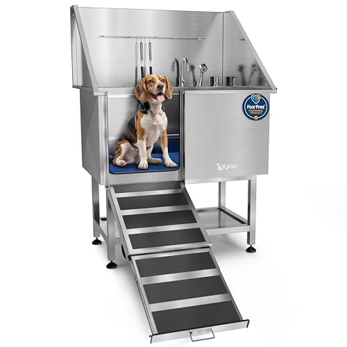 Image of KANIS Dog Washing Station, Stainless Steel Dog Bathtub 40 inch Left Ramp Shelf | 304 Stainless Steel, Grooming Tub, Anti-Slip Floor Grate, Drain Kit, 71 inch Pull-Out Sprayer, Shampoo Dispenser, All Dog Sizes