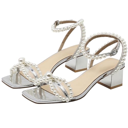 Women's Pearl Chunky Heel Open Toe Ankle Strap Block High Heel Dress Party Sandals Shoes