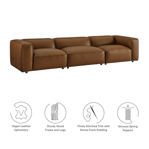 Image of Modway Auren Vegan Leather 3 Piece Modular Sofa in Coffee - Faux Leather 3 Seater Couch - Comfy Mid Century Modern PU Leather Sofa for Living Room, Apartment, Loft