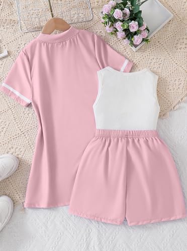 Image of Hilinker Girls 3 Piece Outfits Graphic Tank and Short Sleeve Cardigan with Shorts Set