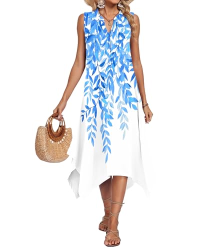 Image of AUSELILY Womens Summer Midi Dress V Neck Sleeveless Casual with Pockets | Flowy womens summer dress with asymmetrical hem, great for beach, vacation and daily wear