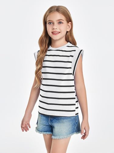Image of Haloumoning Girls Cap Sleeve T Shirts Summer Striped Tank Tops Tees 4-14 Years