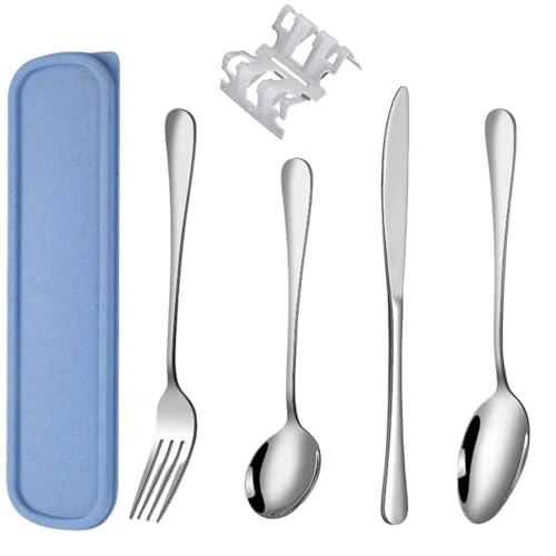 4 Pièces Couverts de Camping Ensemble Couteau, Fourchette, Cuillère en Acier Inoxydable, Léger & Portable avec Étui, Idéal pour Voyage, Randonnée,...