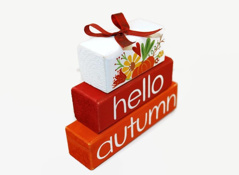Miniatura 3 de Pumpkin Hello Autumn WoodenBlock Shelf Sitter Stack Tiered Tray Office Mantel Sign Décor Fall Red Orange