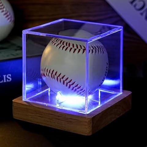 Baseball Display Case with LED Light, Wooden Base Baseball Case Display for Balls, UV Protected Acrylic Boxes for Display, Autographed/Memorabilia Signed Baseball Clear Display Case Cube (1PCS) Cover
