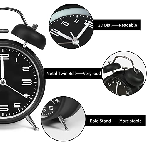 Miowachi 4 Inch Loud Alarm Clock For Heavy Sleepers,Non-Ticking Silent,Night Backlight,Battery Operated,Twin Bell Basic Clock For Wake-Up Black #TOP3